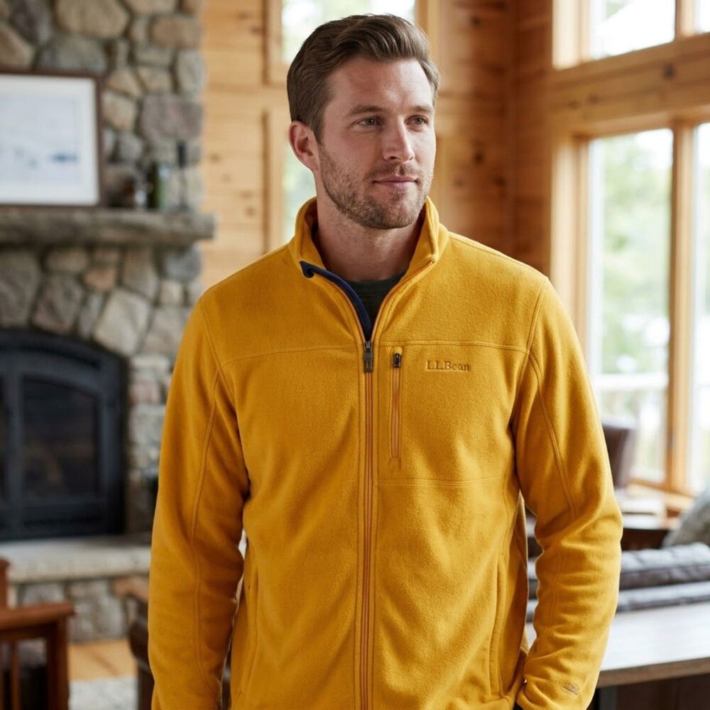 LL Bean Fleece Jacket Mens Sz 2XL Tall Yellow Full Zip Polartec Windbloc FLAW